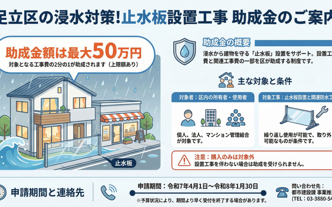【足立区】最大50万円！止水板設置工事助成金で浸水対策を徹底解説